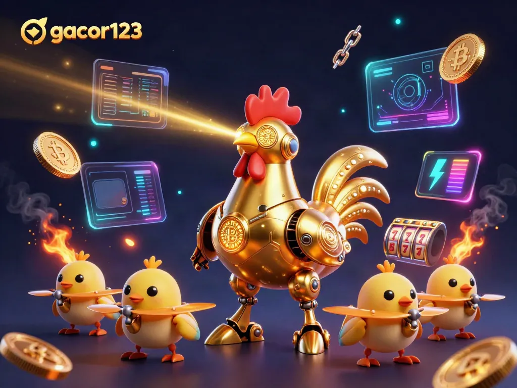 Engage with the exciting world of gacor123, featuring a golden rooster robot and baby chick drones amidst vibrant digital casino elements.