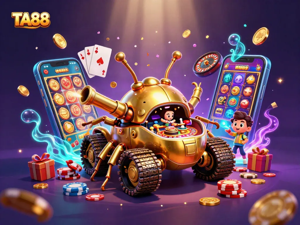 Experience TA88's vibrant casino atmosphere with a colorful scene featuring slot games and golden elements.