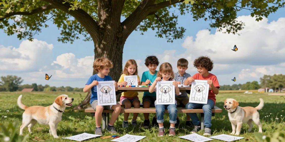 Easy coloring for preschoolers with kids coloring Labrador pages outside, surrounded by crayons and playful puppies.