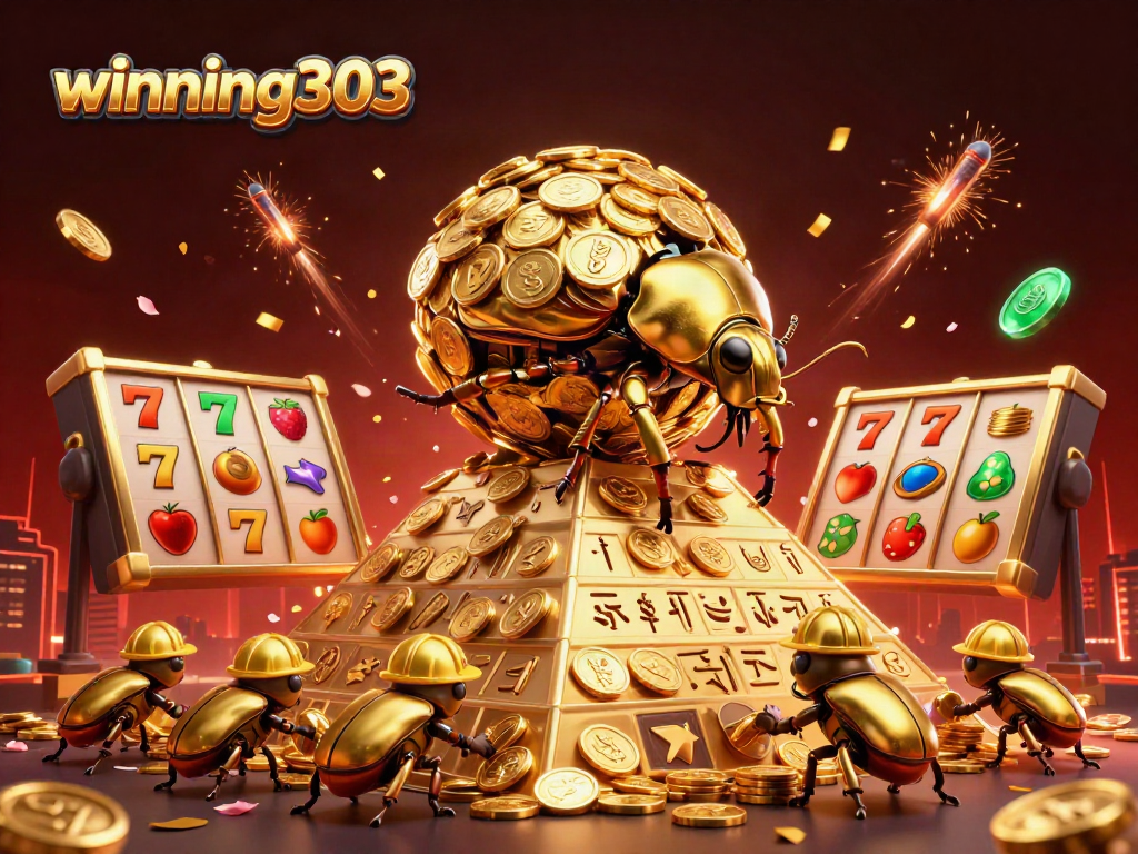 Winning303 engages players with thrilling golden beetles and slot games in an enchanting casino scene.