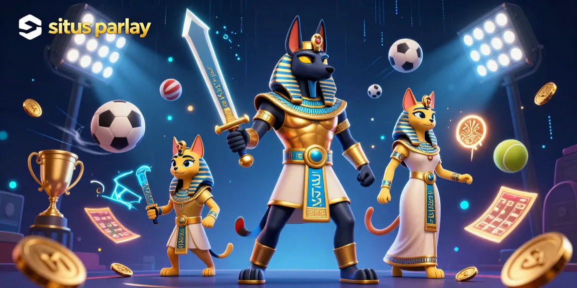 Engage with situs parlay betting strategies, illustrated in a vibrant 3D scene featuring Anubis and sports elements.