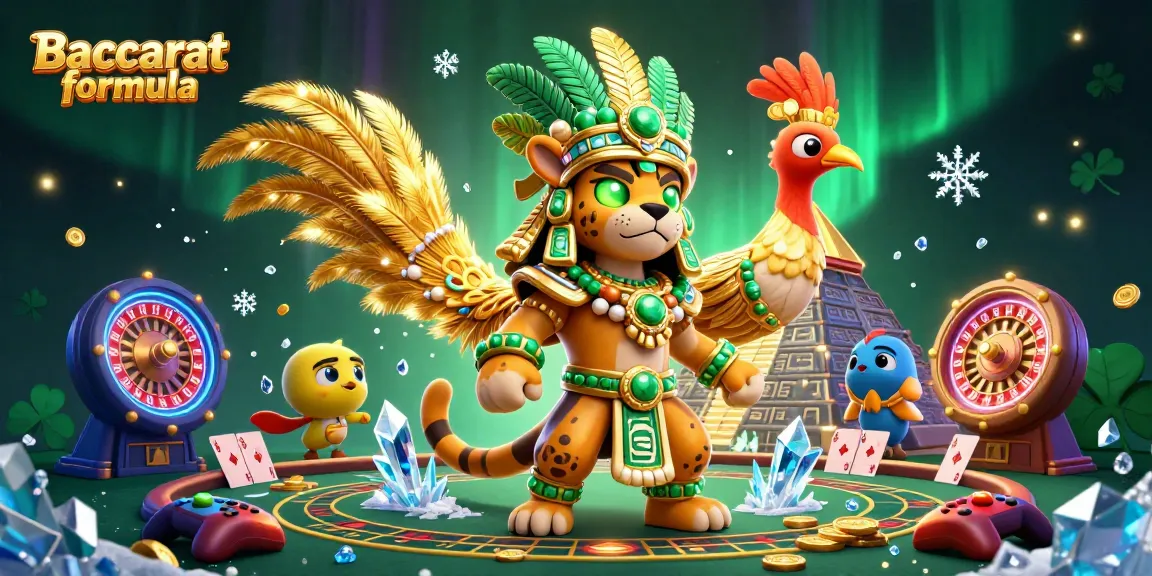 Engage in Baccarat formula strategies with a dynamic 3D illustration of a Mayan jaguar priest and quetzal bird in a vibrant casino setting.