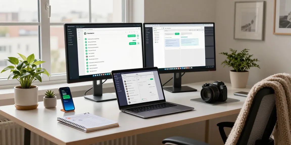 Professional using WhatsApp電腦版 in a modern home office setup with dual monitors and productivity tools
