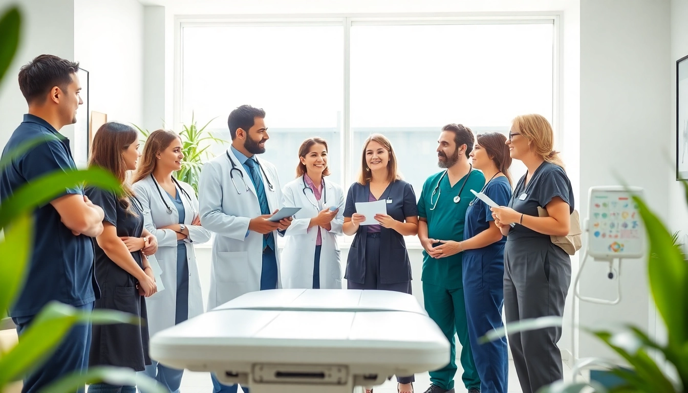 Engaging health discussions among healthcare professionals in a bright clinic setting.