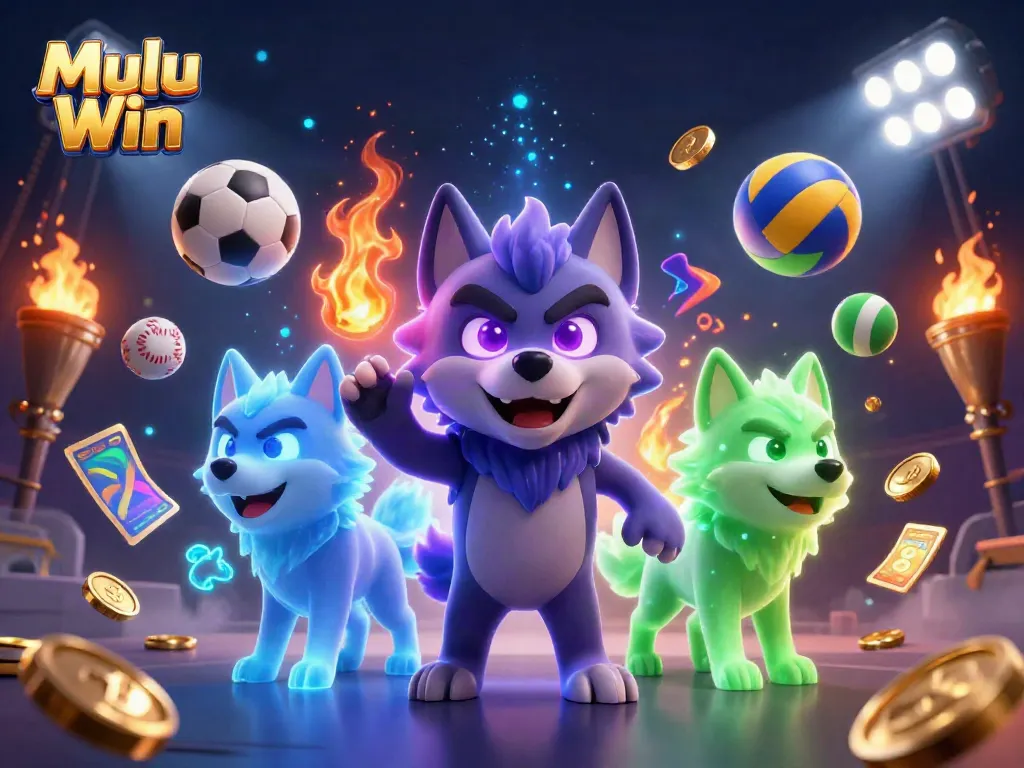 Mulu Win showcases a vibrant 3D scene with a wolf pack, sports elements, and casino excitement.