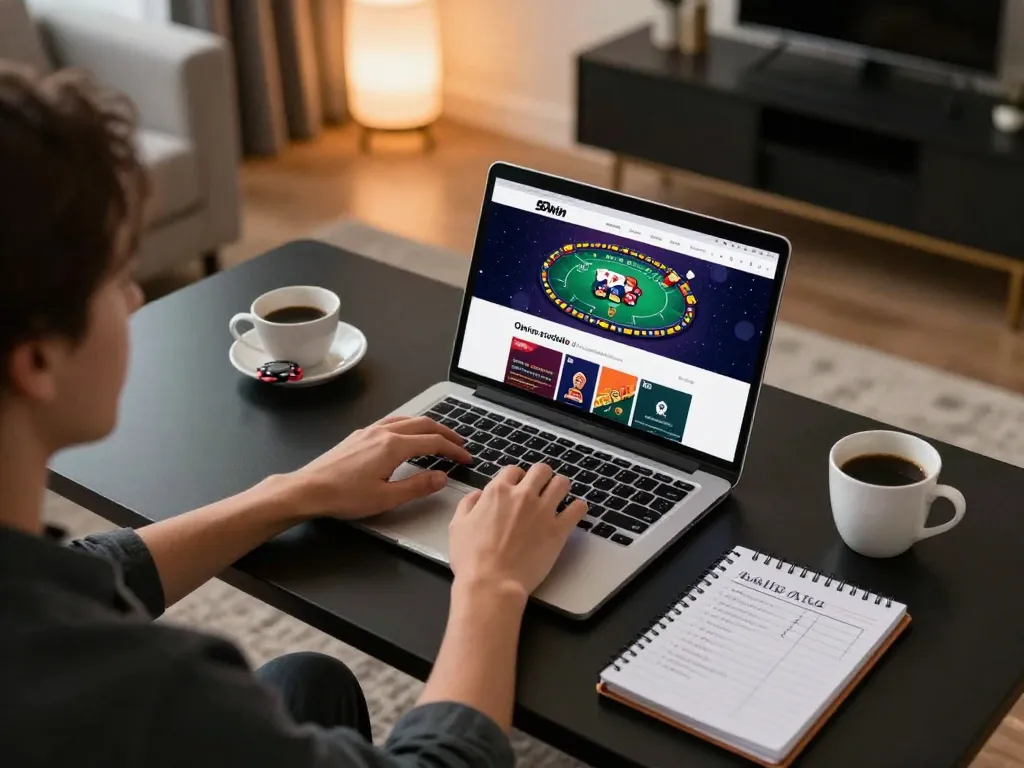 Person enjoying poker on 99win website in a stylish home setting with betting notes.