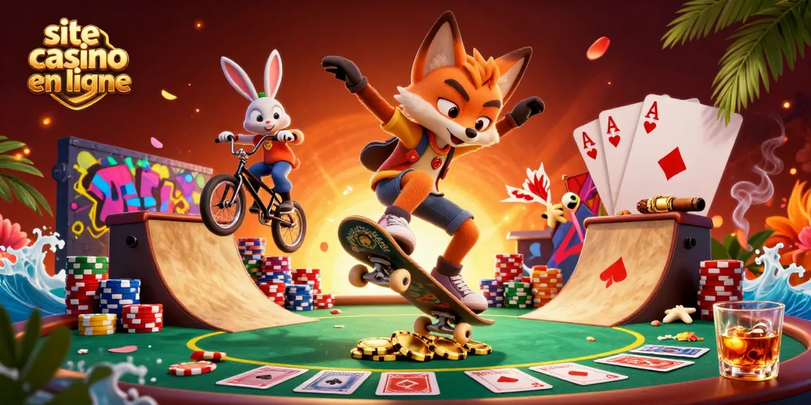 Jouer sur un site casino en ligne avec un renard et un lapin dans une scène dynamique remplie de jetons et de jeux.