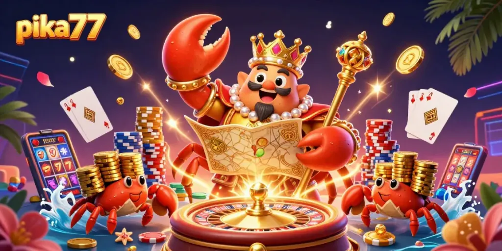 Pika77 brings dynamic online gambling experiences with vibrant casino-themed characters and elements.