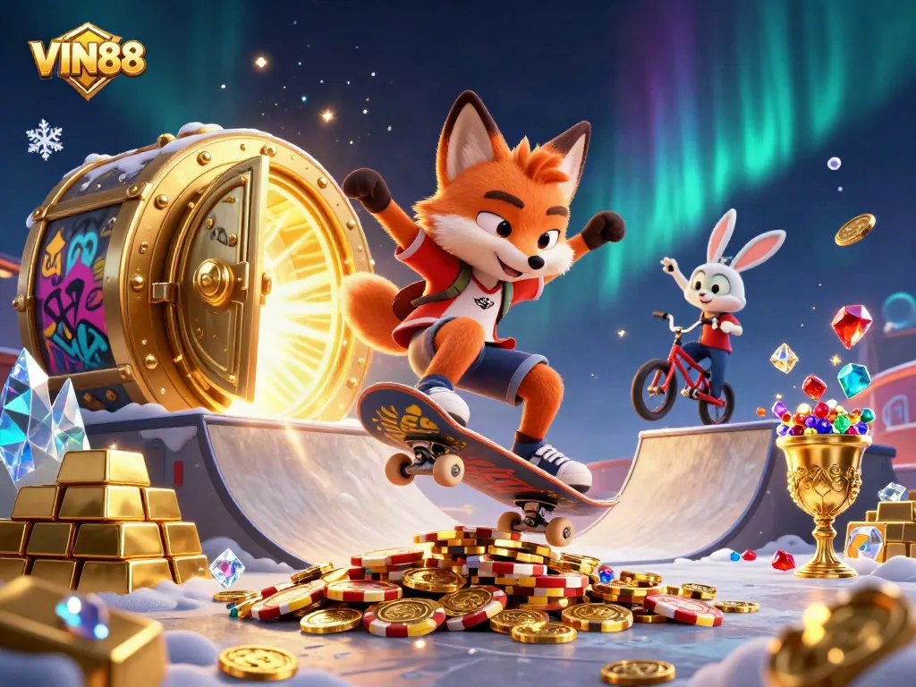 VIN88 offers thrilling gaming action with dazzling characters in a dynamic casino scene.