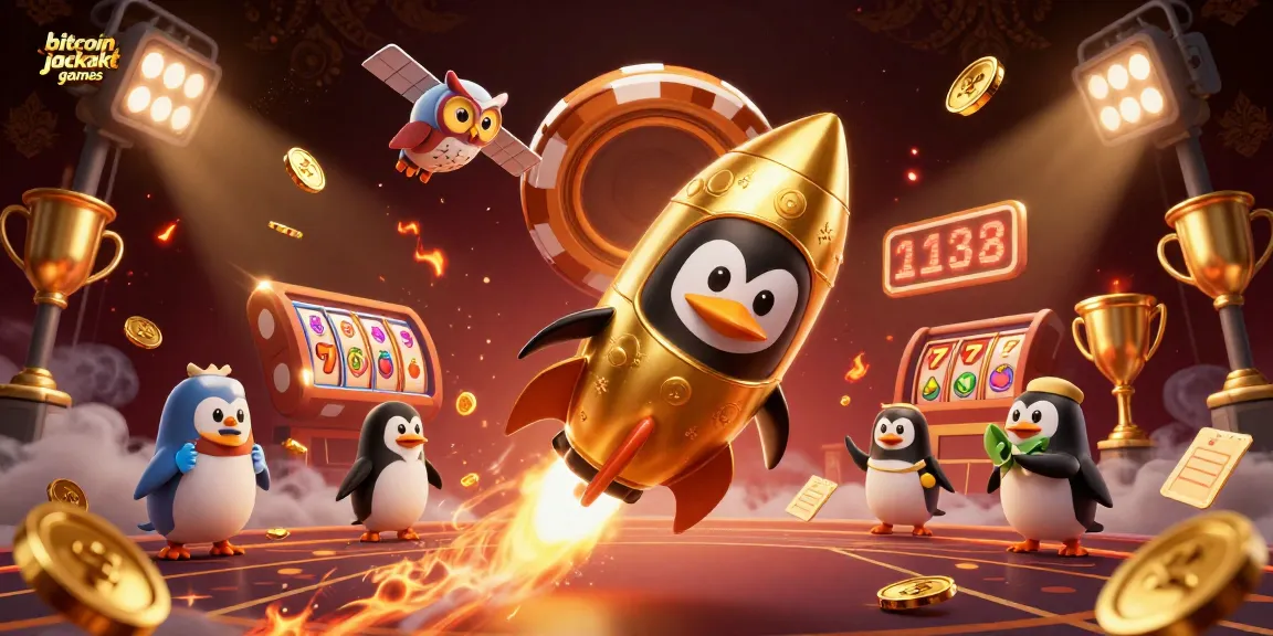 Experience thrilling bitcoin jackpot games with a golden penguin and casino elements in a vibrant 3D illustration.