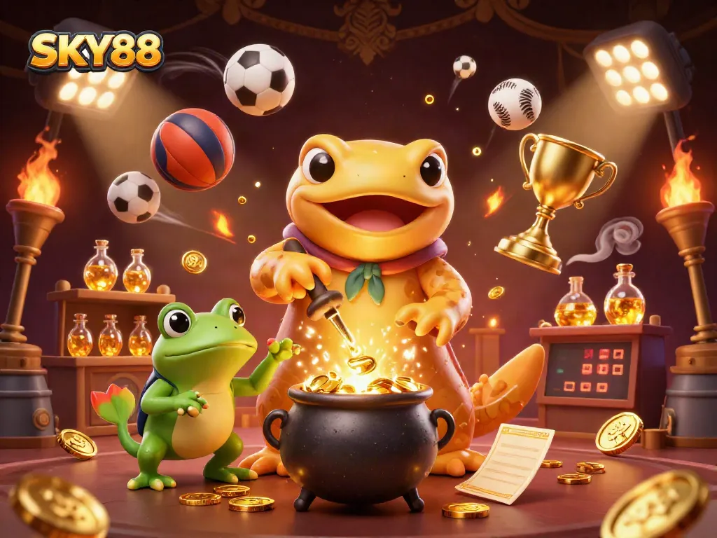 Engage with exciting games at SKY88, featuring magical treasures and dynamic sports elements in a 3D casino ambiance.