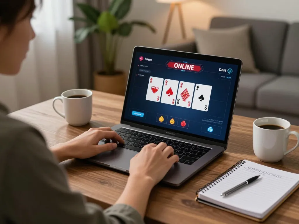 Engaging in online poker gameplay on a laptop with qq 88 interface, showcasing strategic card play.