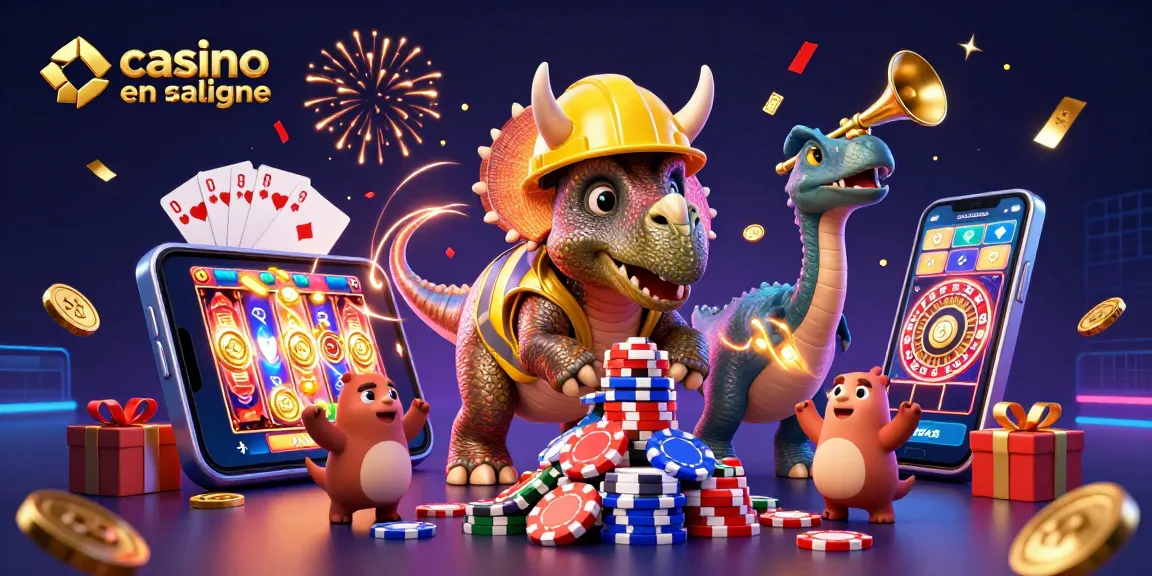 Jouez sur un casino en ligne paysafecard avec une illustration festive remplie de personnages et d'éléments de jeu.