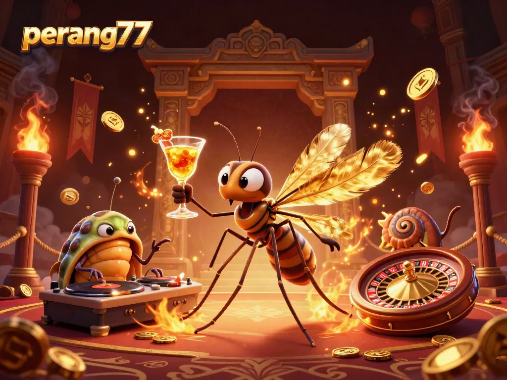 Permainan kasino di perang77 dengan karakter menarik dalam ilustrasi 3D, lengkap dengan simbol khas dan efek dramatis.