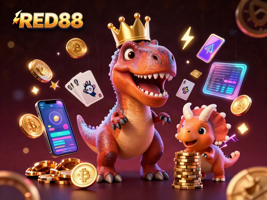 Experience excitement at RED88 as a T-Rex shuffles cards surrounded by digital gambling elements.