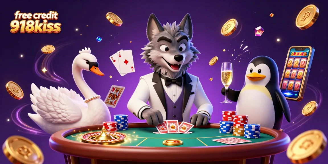 Experience exciting gameplay with free credit 918kiss, featuring a debonair wolf, elegant swan, and sophisticated penguin in a vibrant casino scene.