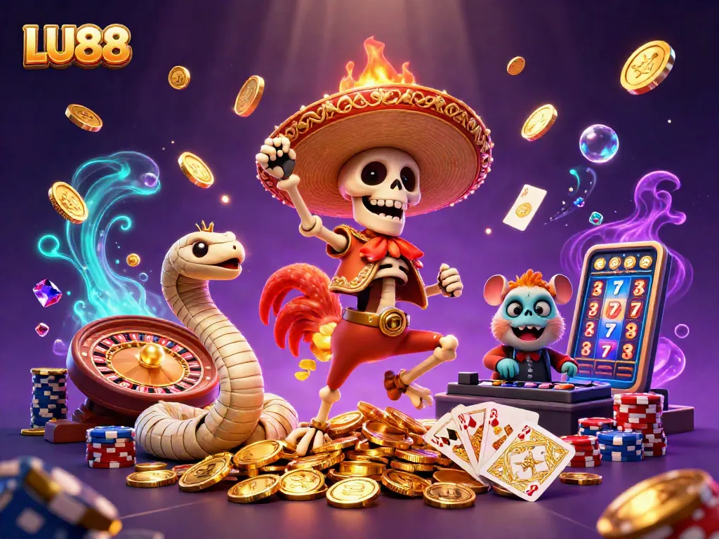 LU88 showcases a vibrant carnival scene with a cartoon skeleton rooster and casino elements