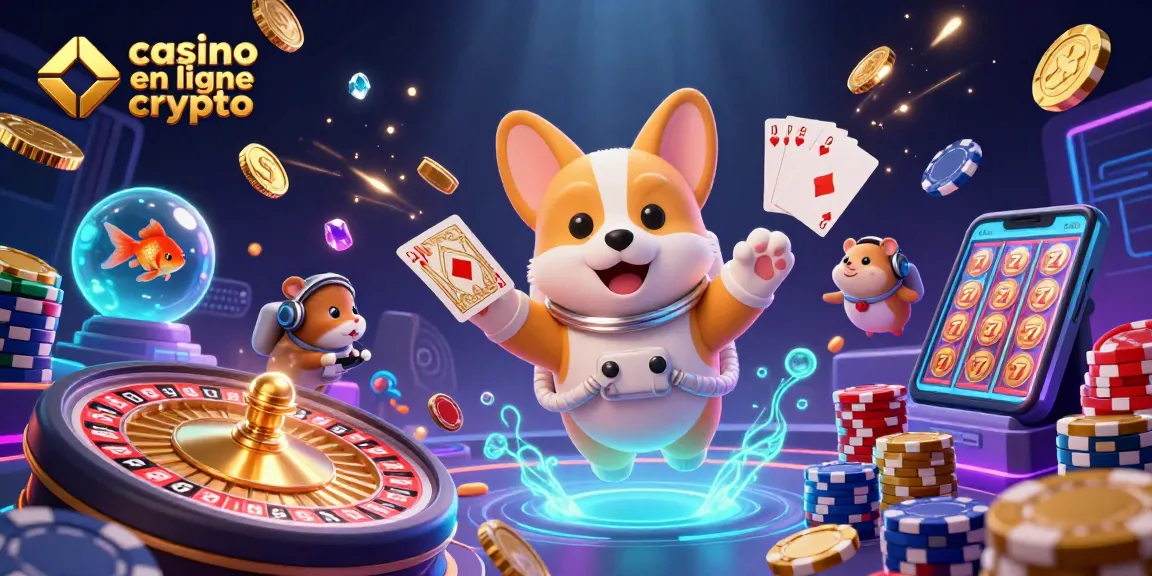 Illustration captivante d'un casino en ligne crypto, avec un corgi astronaute flottant dans une station spatiale et des jetons de poker.