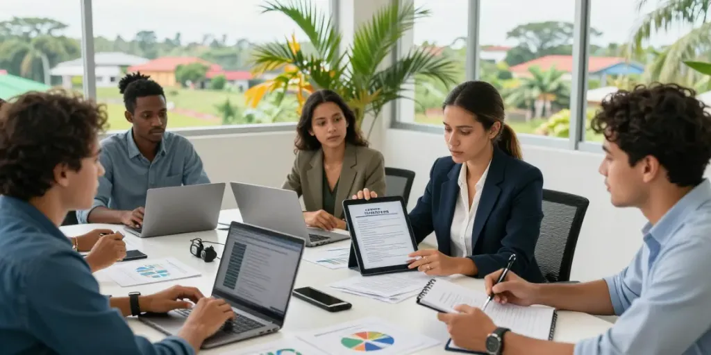 Engaging Suriname recruitment scene with diverse team collaborating in a vibrant office.