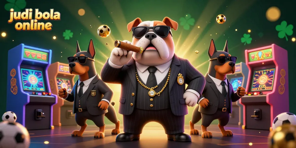 Engage in judi bola online thrills with a mafia bulldog surrounded by sports betting elements in a vibrant casino scene.