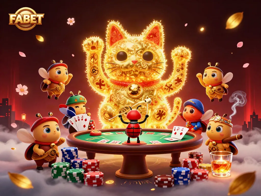Engage with FABET's vibrant gaming universe, showcasing a dynamic scene with a lucky cat, poker elements, and enchanting visuals.