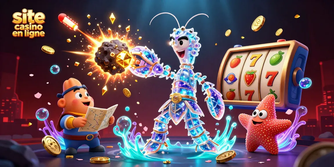 Jouer sur site casino en ligne avec des personnages de jeu vibrant autour des machines à sous et des gemmes dorées.
