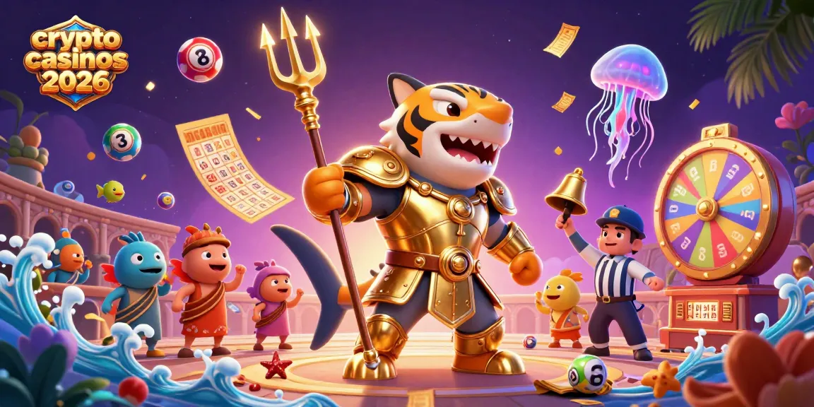 Découvrez les crypto casinos 2026 avec un tigre requin en armure dorée dans un décor de coliséum sous-marin.