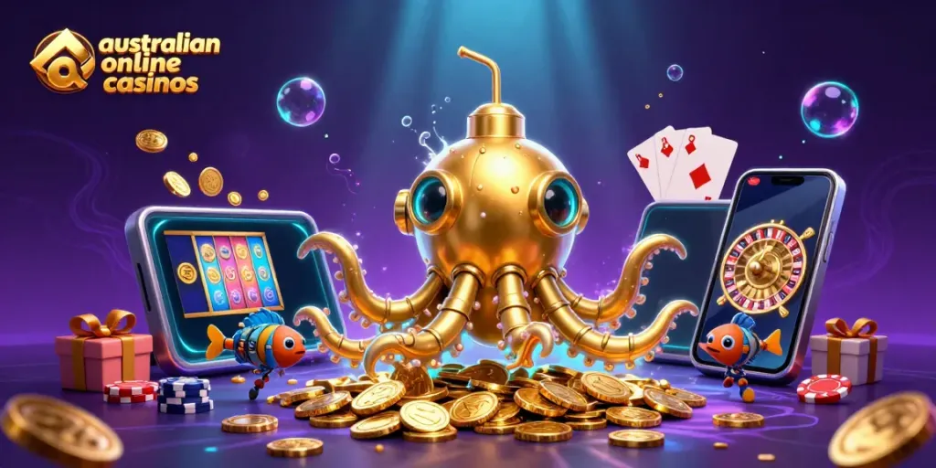 Experience thrilling moments at australian online casinos with a vibrant kraken submarine amidst golden coins.