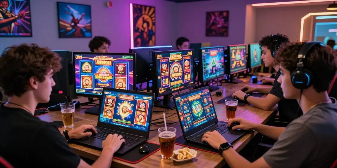 Players enjoying slot gacor games on various devices in a lively environment.