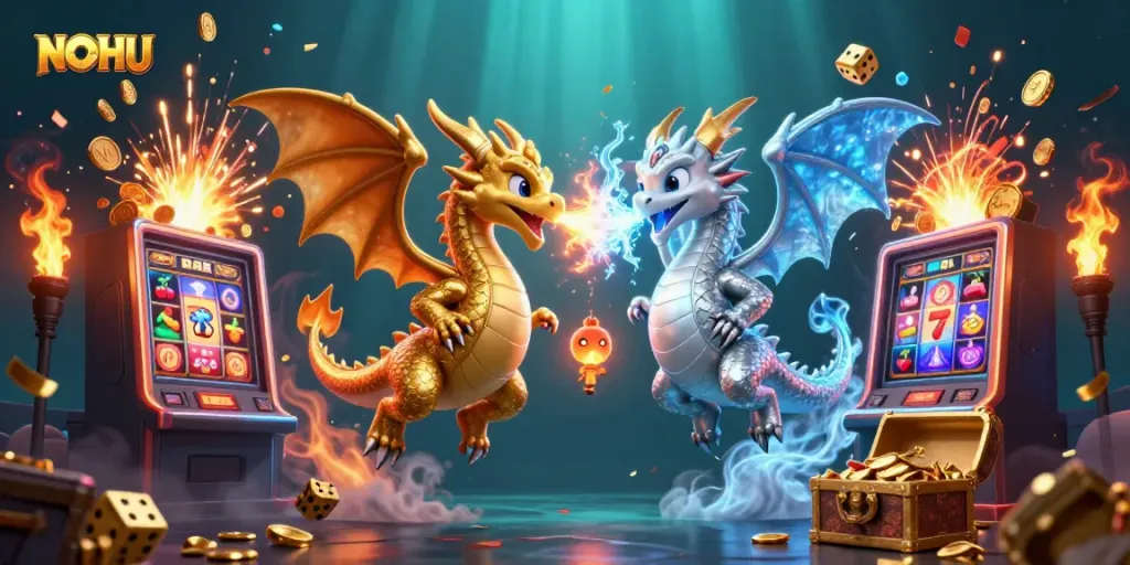 Experience the excitement of NOHU with twin dragons amid a jackpot explosion, showcasing vibrant gaming elements.