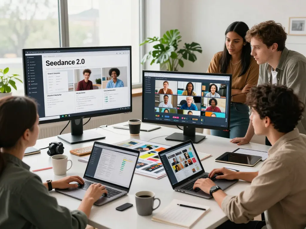 Creative team using ai seedance 2.0 in a modern workspace, vibrant video interfaces and collaborative atmosphere.