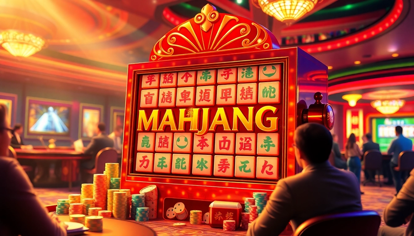 Engage with the Mahjong slot demo while surrounded by exciting casino games, poker chips, and vibrant atmosphere.