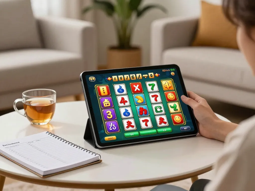 Engaging moment of playing mahjong slot on a tablet in a cozy home setting