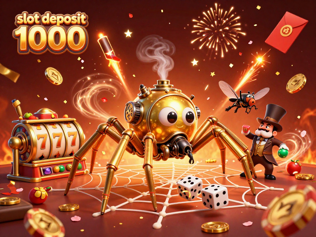 Menang dengan slot deposit 1000 di kasino online, dikelilingi grafis menarik dan elemen meriah.