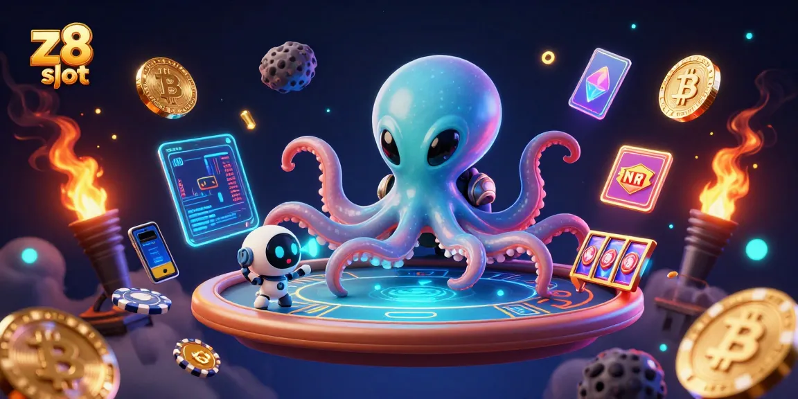 Engage in thrilling z8 slot action with an alien octopus at a holographic poker table in space.