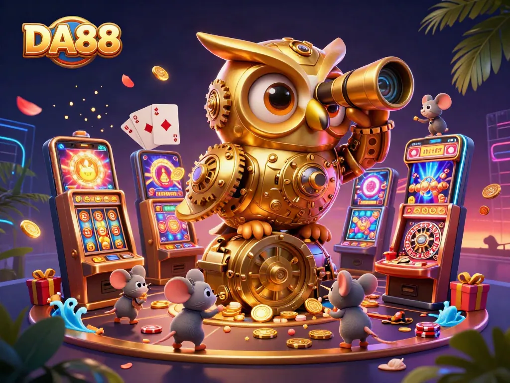 Experience the thrill of DA88 gaming with a vibrant casino scene featuring a clever clockwork owl and lively mouse patrons.