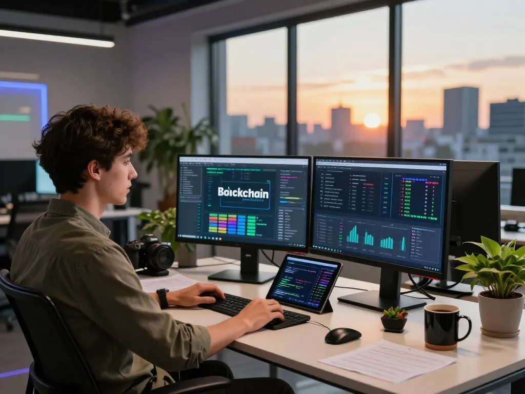 Dynamic tech workspace showcasing IO DeFi analytics and blockchain data in a modern office setting.