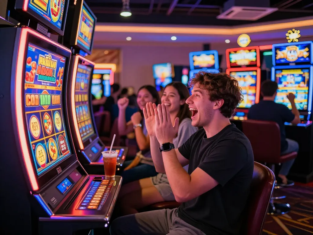Joyful celebration of slot gacor hari ini win at lively casino gaming floor.