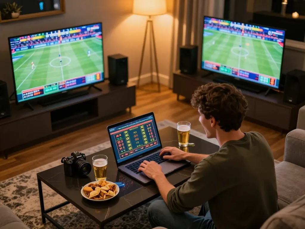 Fly88 user placing sports bets at home with multiple screens showcasing live games.