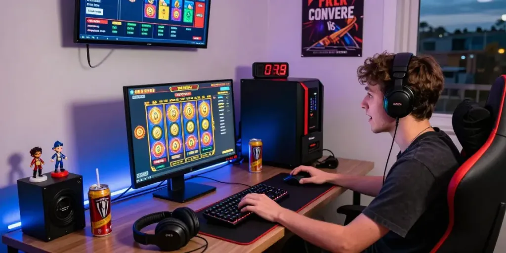 Player immersed in slot online gacor with colorful reels and gaming setup in a vibrant home office.