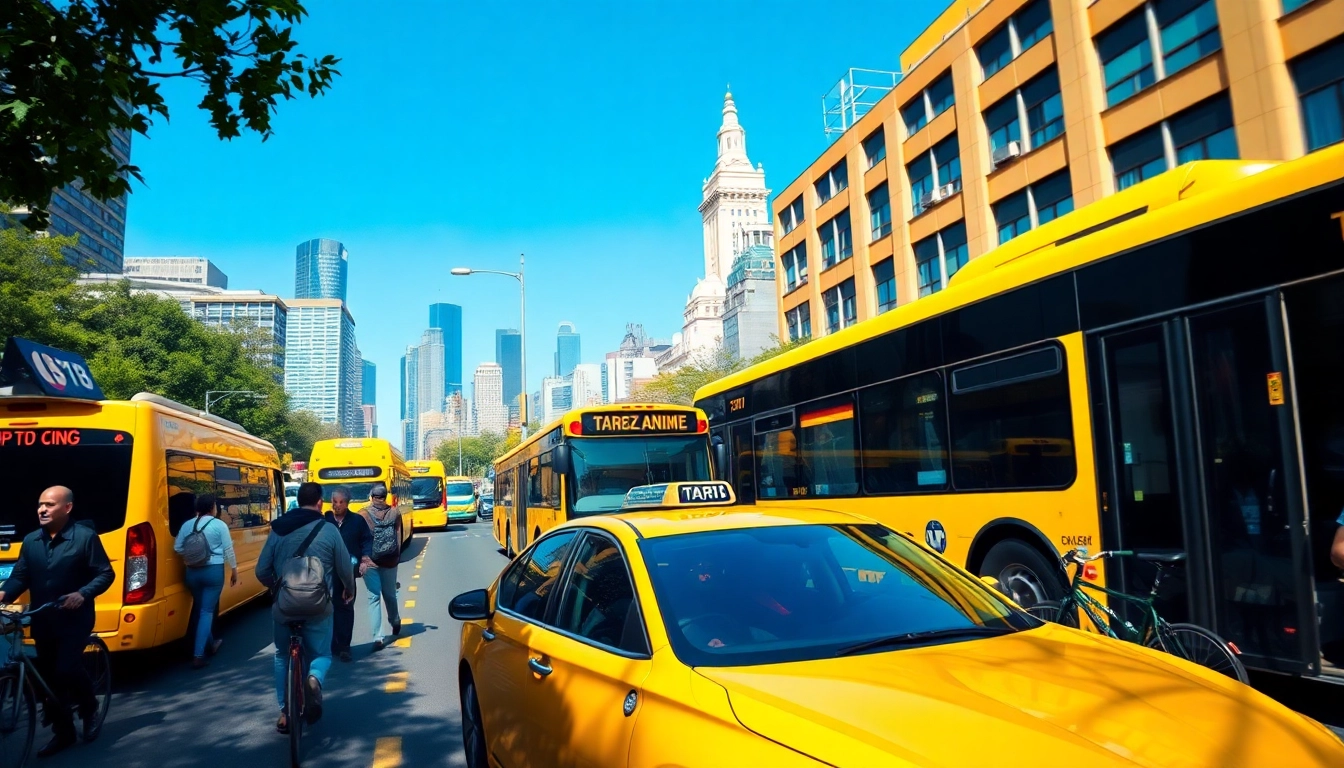Dynamic transportation scene showcasing various vehicles in a bustling urban environment.