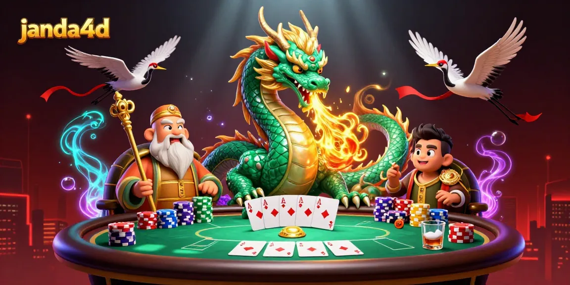 Janda4d menghadirkan suasana permainan poker yang penuh warna dengan naga hijau dan karakter cerdas.