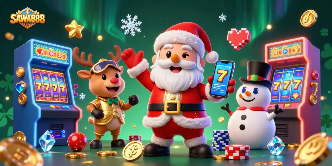 Experience excitement at SAWA888 with Santa Claus and friends celebrating jackpot wins alongside vibrant game machines.