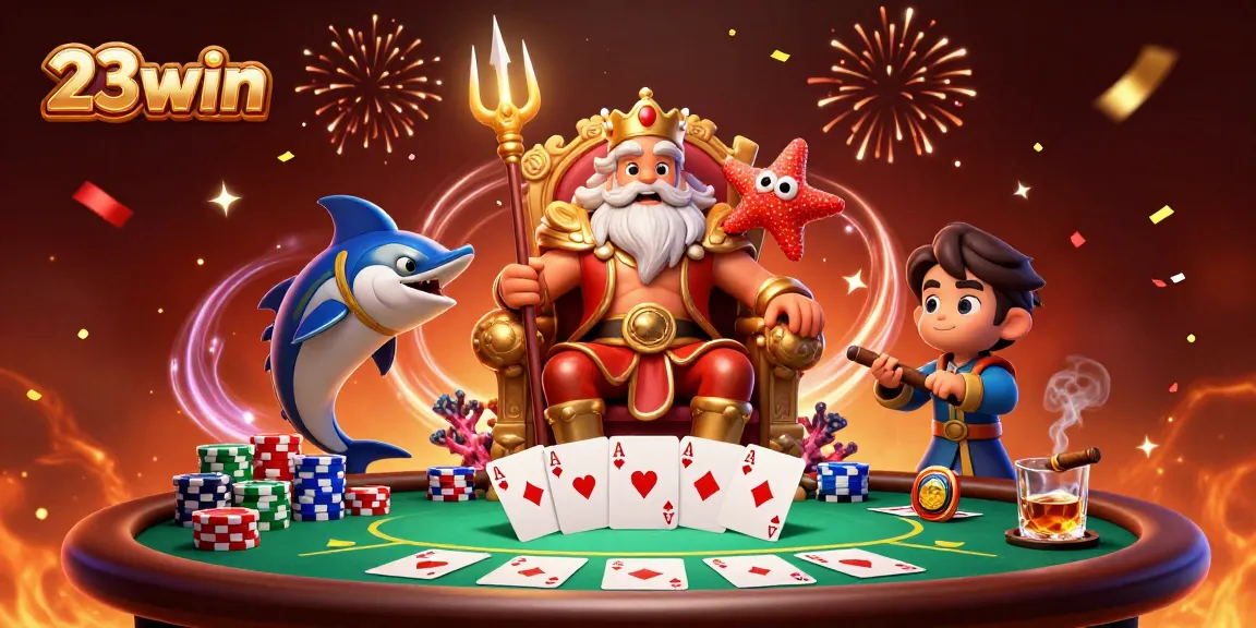 Engage with 23win in this vibrant casino scene featuring Neptune and poker elements.