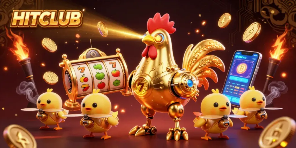 Engage with HITCLUB's vibrant slots and jackpot excitement in a dynamic 3D illustration.