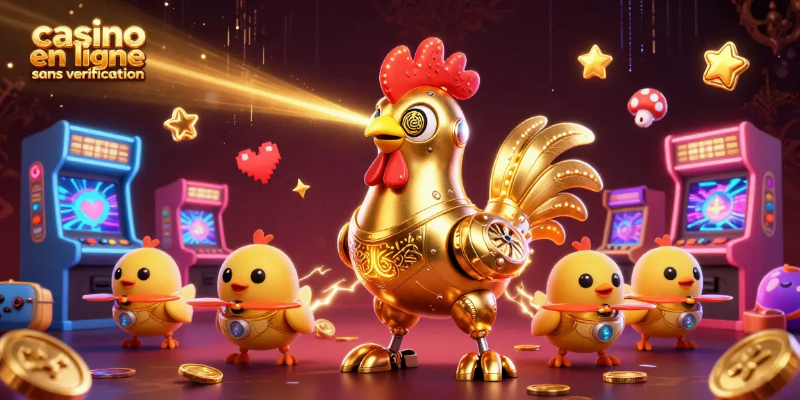 Jeux de casino en ligne sans vérification avec un robot coq futuriste et des drones de poussin