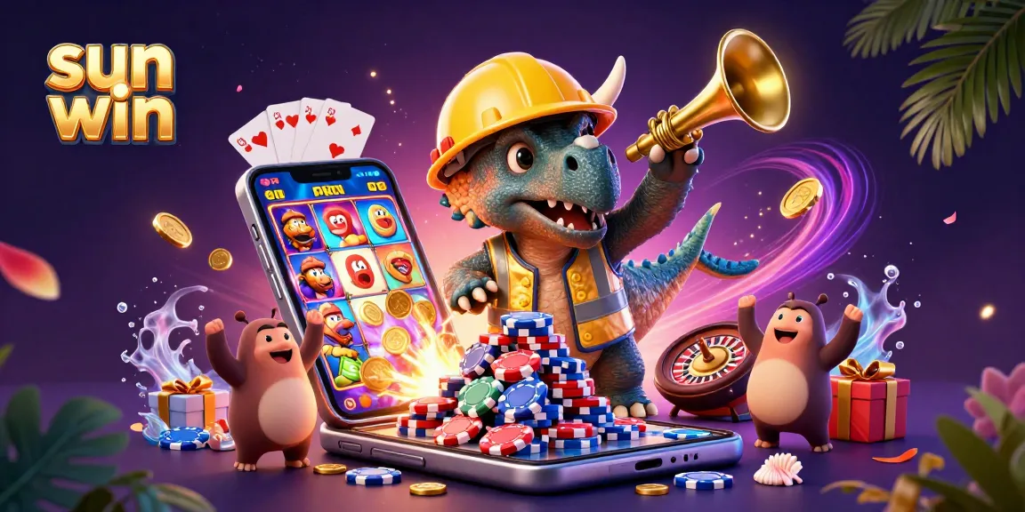 Experience the excitement of sun win with a dynamic casino-themed scene featuring playful characters.