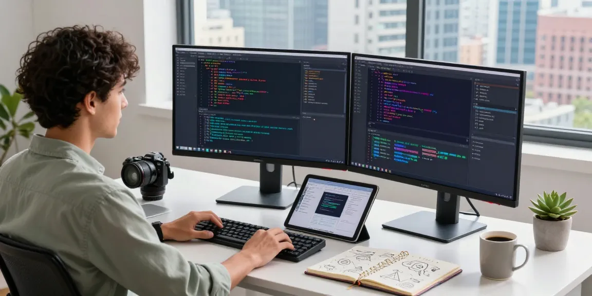 Developer coding the 纸飞机中文版 app in a modern workspace with dual monitors and city view.