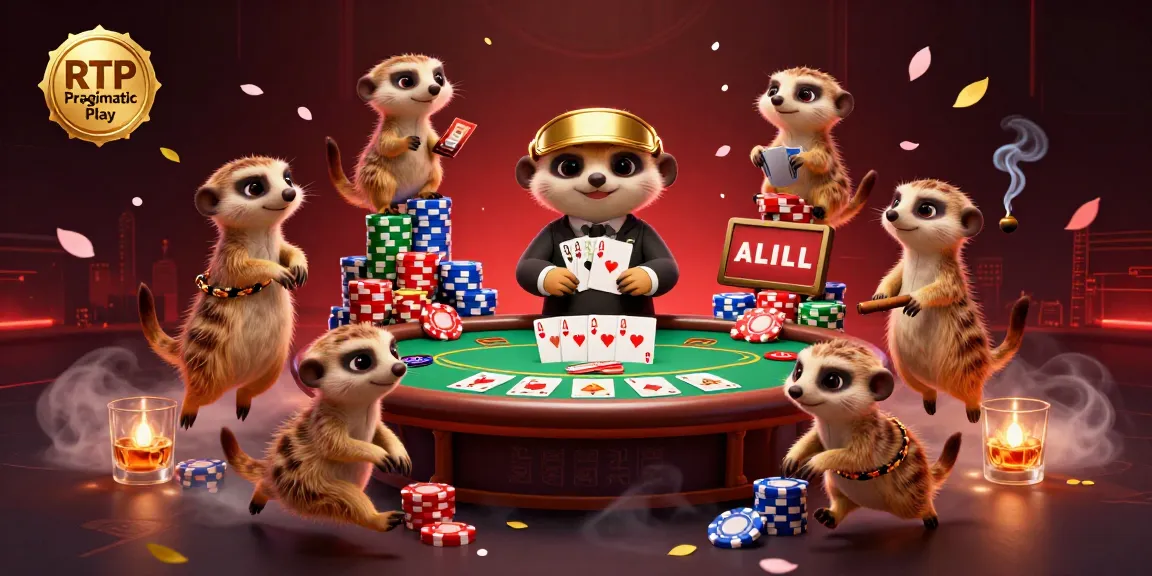 Engage with RTP Pragmatic Play through a lively meerkat casino scene featuring card games and colorful chips.