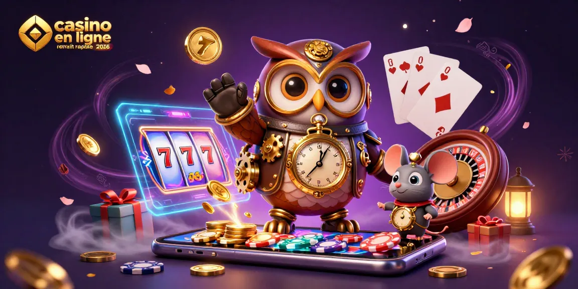Illustration dynamique de casino en ligne retrait rapide 2026 avec un hibou voyageur et des éléments de jeu